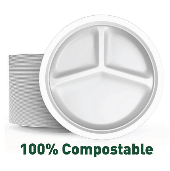 Quality OEM Multi Role Sugar Cane Fibers 3 Compartment Paper Plates for sale