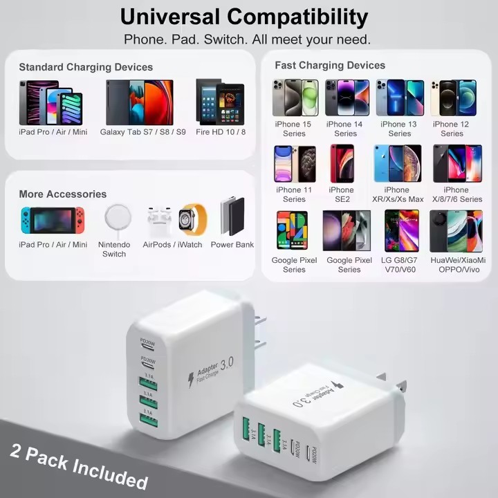 USB Wall Charger 50W Fast USB C Charging Blocks 2USB C+3USB A Portable Type C Power Adapter PD Cargadores Para Celular