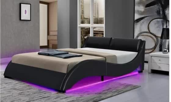 Quality King Size Soft Upholstered Bed Frames PU Synthetic Leather Curve Shape With LED Headboard for sale