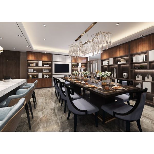 Dark Wood Grain Stainless Steel Kitchen Cabinets with Quartz Countertop