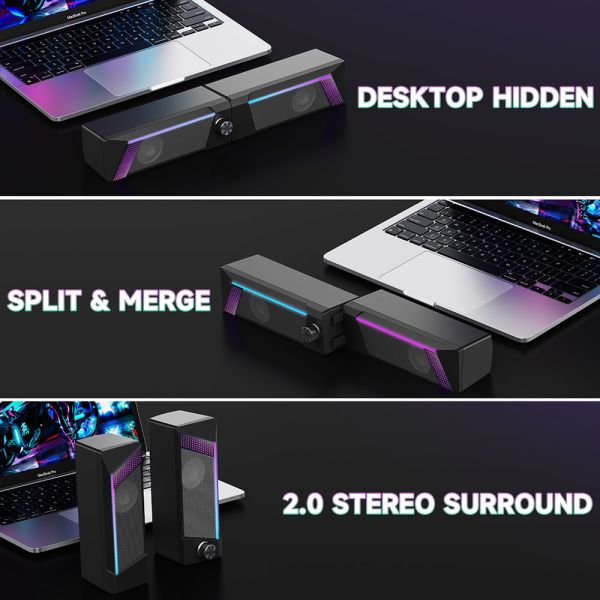 Desktop Gaming Speakers with Rich Bass USB Powered Portable RGB Computer Volume Control