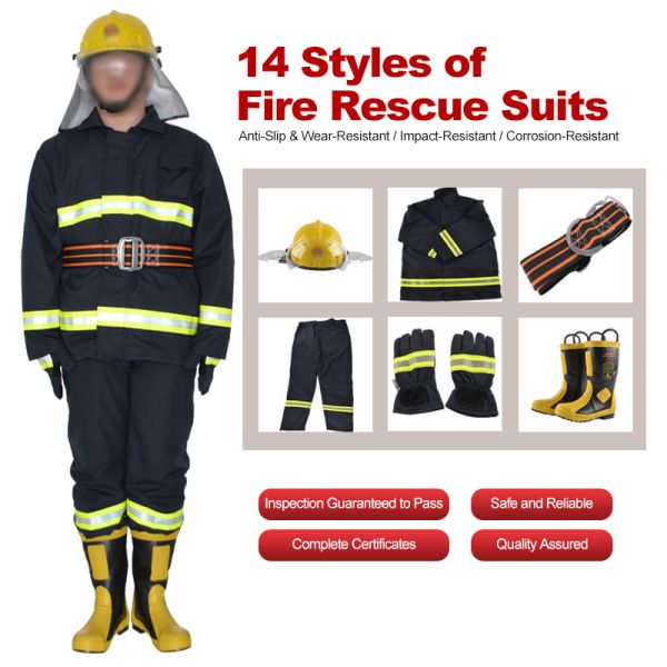 3C Certified Firefighter Fire Fighting Protective Suit 5-Piece Set, Navy Blue Flame Resistant Waterproof Anti-Tear Thermal Insulation Fire Rescue Full