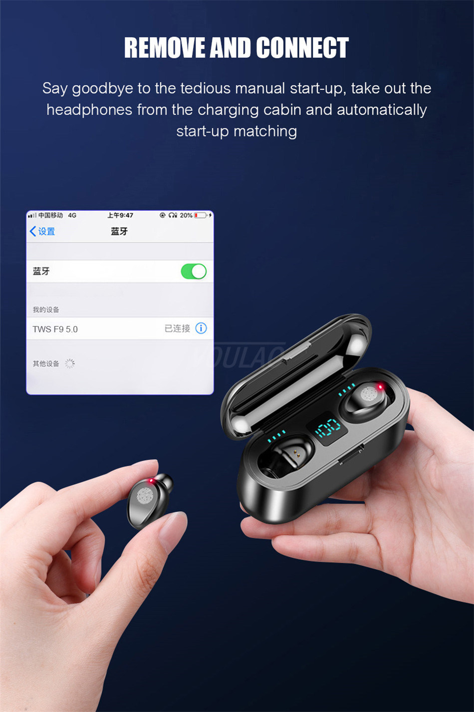 Wireless Earphone Bluetooth V5.0 F9 Tws Wireless Bluetooth LED Display Headphone (With 2000mAh Power Bank Headset, With Microphone)