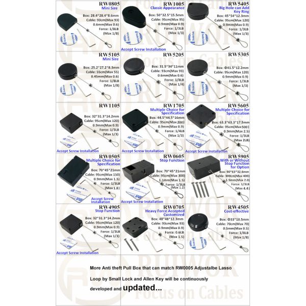 RW5905 Cuboid Heavy Duty Retractable Tether Stop Function Optional Plus Adjustalbe Lasso Loop End By Small Lock And Allen Key