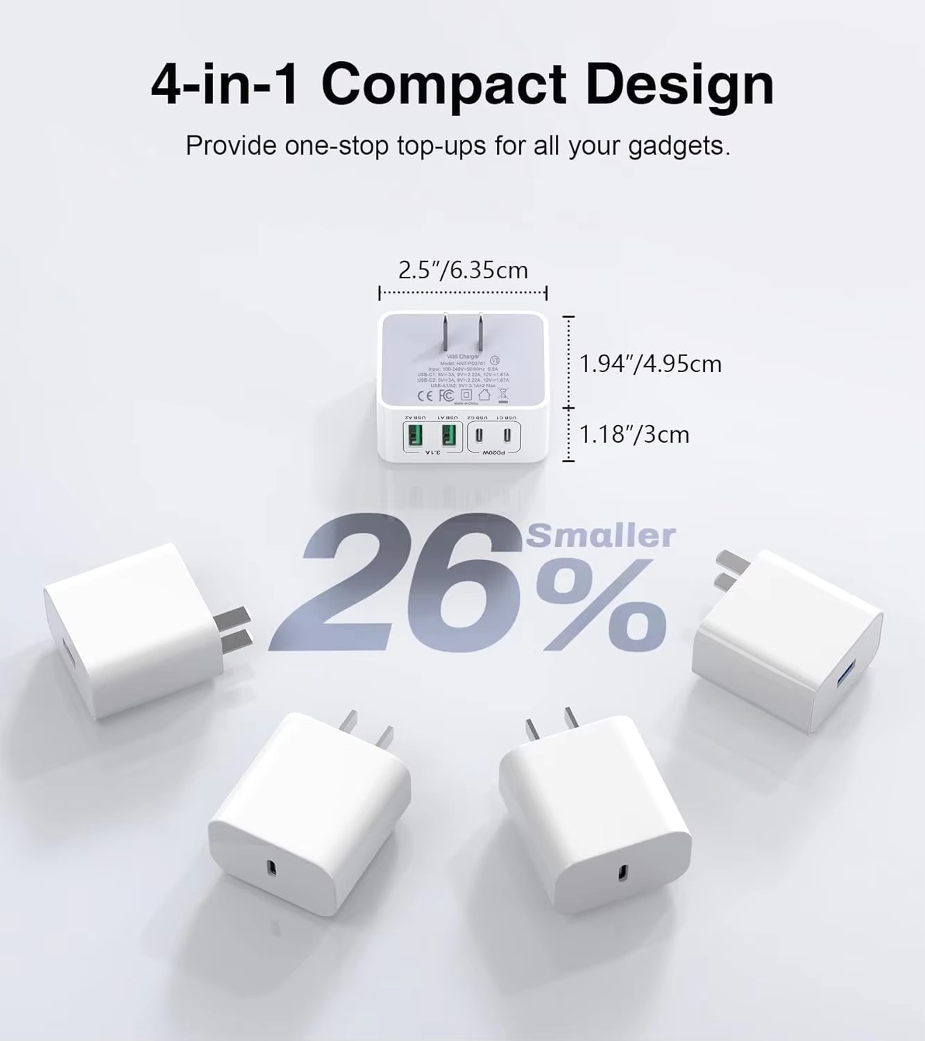 40W 4-Port USB C Wall Charger With Thin Flat Fast Charger Cube PD QC Adapter And Wall Plug For Microphone USB Type C