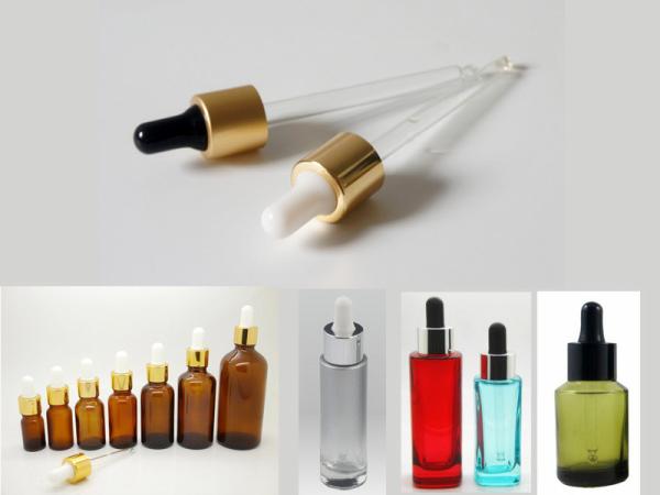 Quality CL-D430 bulb glass dropper with metal aluminum collar cap sleeve, cosmetic dropper pipette for sale