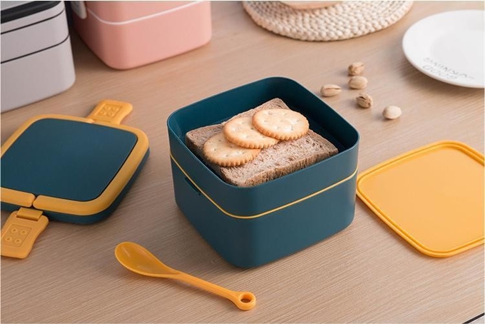 Double-Layer Portable Plastic Bento Lunch Box With Lid 1000ML Rectangular Blue