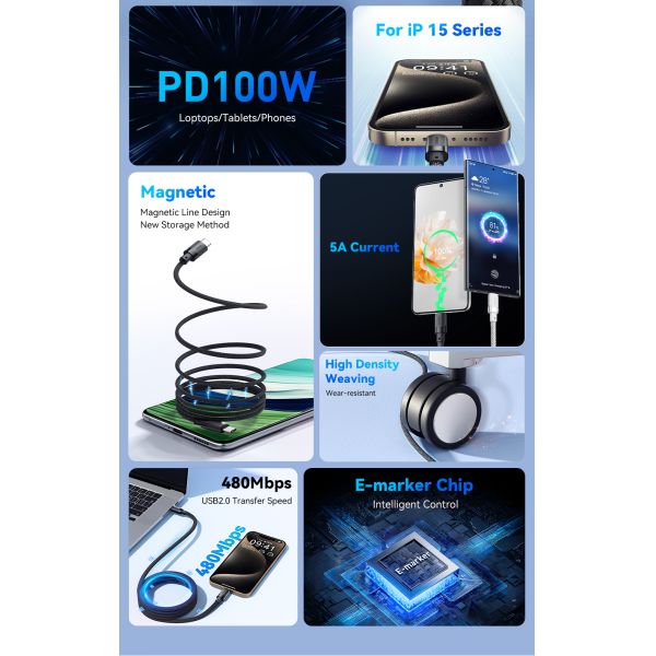 ESSAGER ES-X53 Series 100W USB C to USB C Magnetic Charging Cable