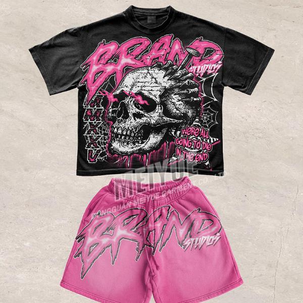 Quality Summer Track Suit Boxy Dtg Crack Screen Print Cropped Acid Wash Vintage Tshirt Shorts Set 2 Piece Short Set Custom Logo for sale
