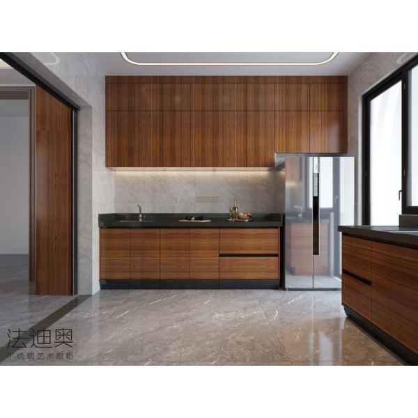 Chinese Style Light Brown Wood Grain Stainless Steel Kitchen Cabinets