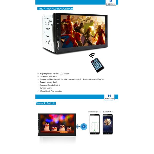 Wholesale Capacitive Screen 7 Inch 2 Din Car Audio Radio Stereo with New c200s chip /BT /USB /SD/ Mirror link /Fast cha