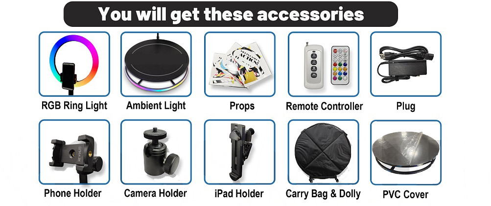 Adjustable 360 Video Photo Booth Selfie Platform Automatic Spin With Ring Light