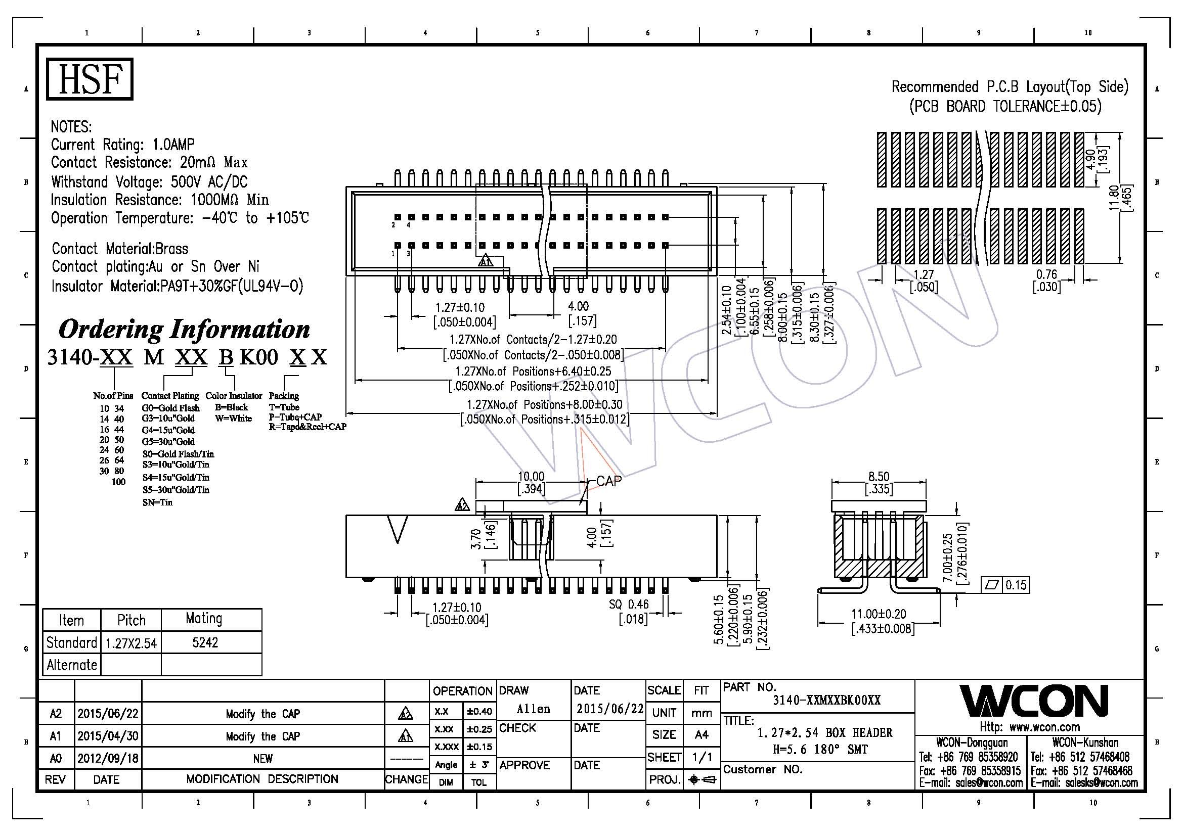 Dual Row SMT Box Header Connector 26 Pin Board To Wire Connectors 20mΩ Max