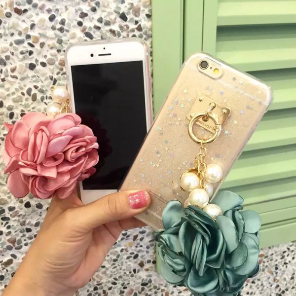 Soft TPU Pink&Blue Pearls Fancy Chain Cell Phone Case Back Cover For iPhone 6 6s Plus