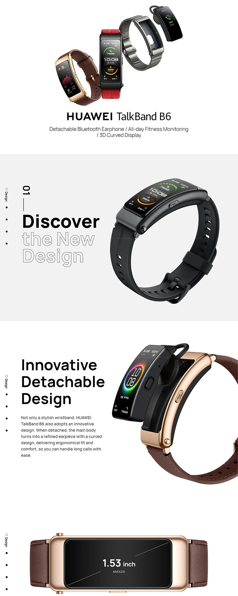 Original HUAWEI Smart Watch B6 Touch Screen Headset Wristband Sports Bracelet 1.53 Inch Heart Rate Blood Oxygen Monitoring Smart