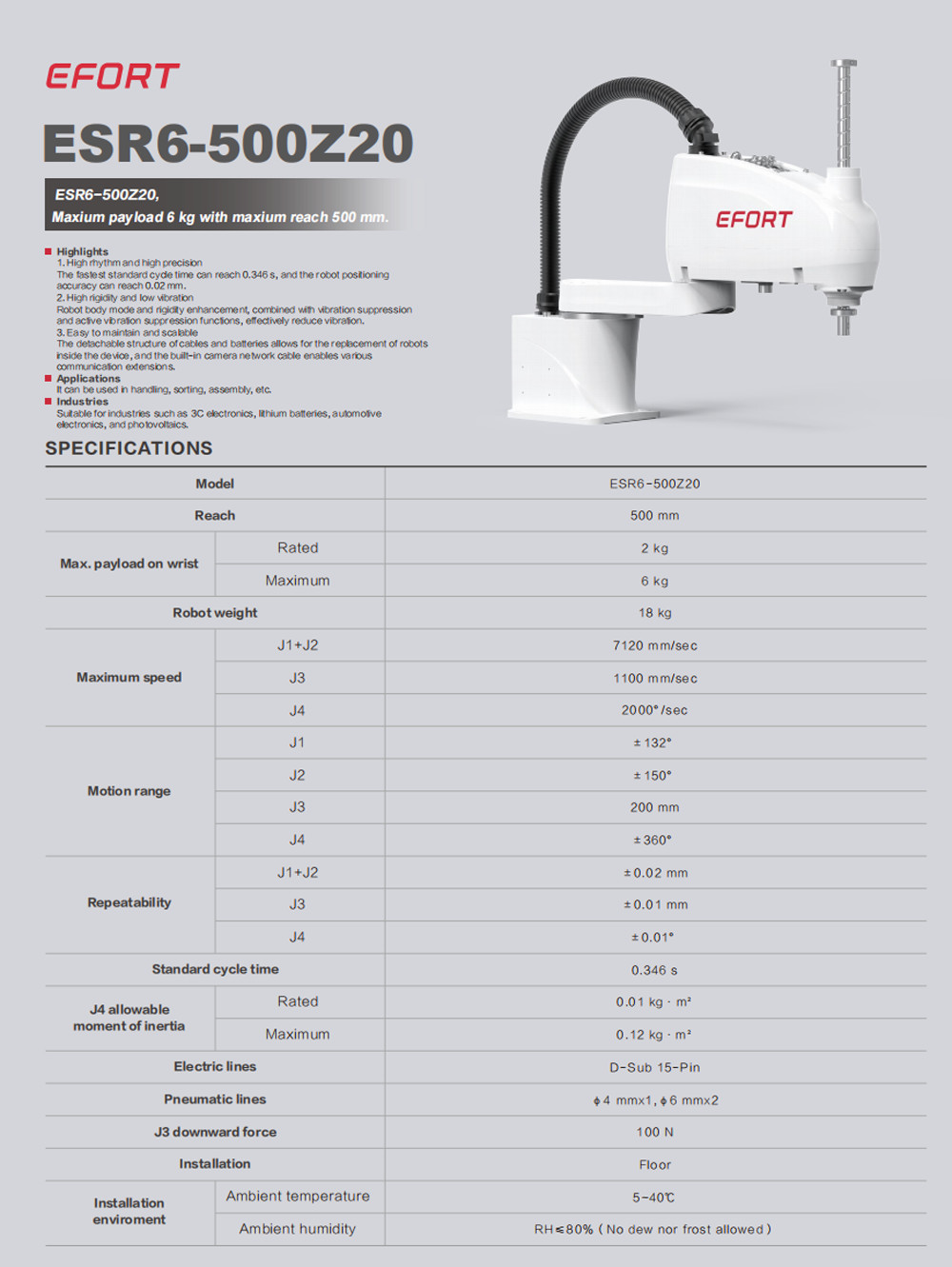 SCARA Robot In Handling Sorting Assembling For 3C Electronics Lithium Batteries Auto Electronics Photovolta ESR6-500Z20