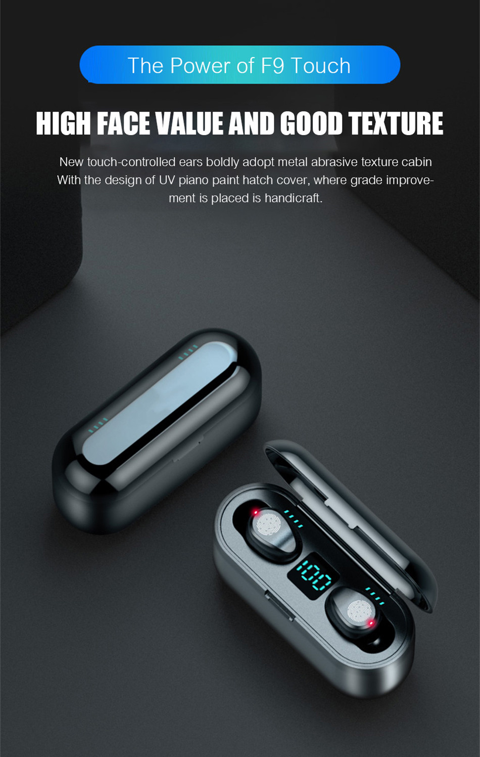 Wireless Earphone Bluetooth V5.0 F9 Tws Wireless Bluetooth LED Display Headphone (With 2000mAh Power Bank Headset, With Microphone)