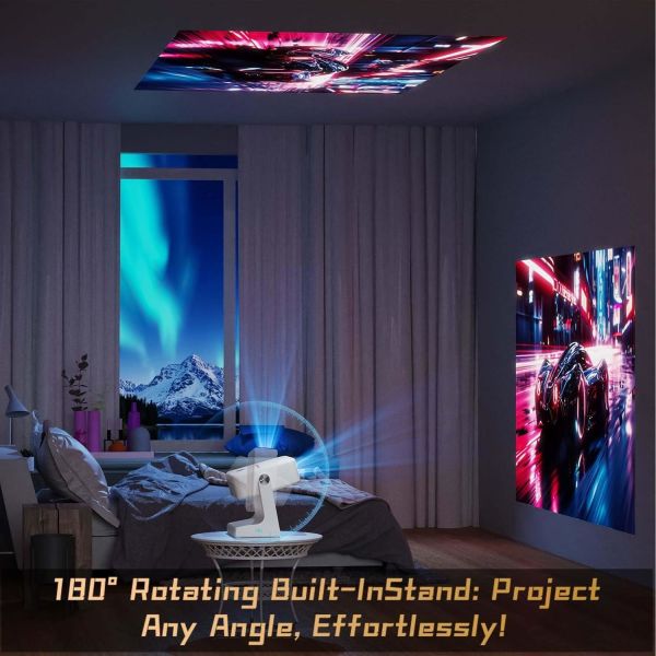 D1 White FHD Android Smart Projector Auto Focus Rotating Flip Video Movie Projector