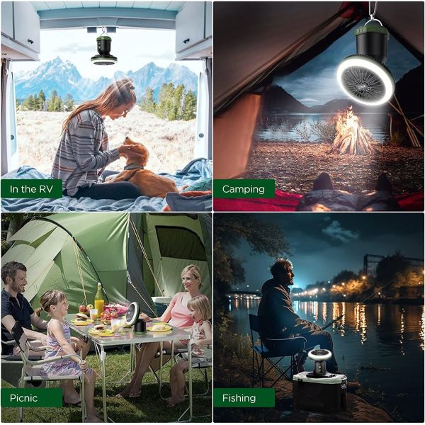 Camping Fan with LED Light, Fan with Hanging Hook Ceiling Fan for Tent Car Desk Outdoor Emergency Outage Hurricane