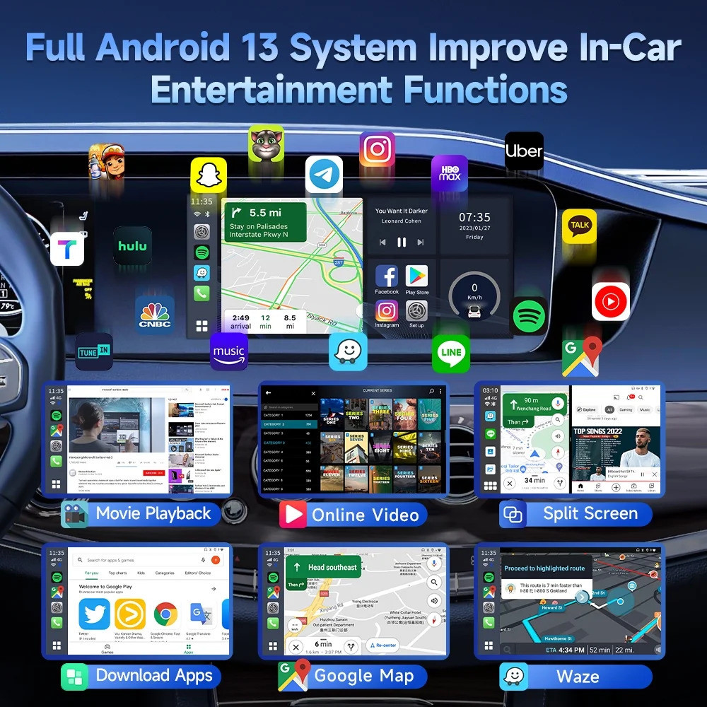Android 13 HDMI Output TBox UHD Wireless Adapter CarPlay Android Auto AI Box SM6225 8G 128Gb Support Youtube Netflix