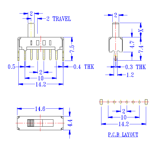2mm Travel DP4T 1P2T Interruptor On Off Toggle Switch