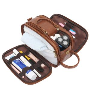 China Bathroom Men PU Leather Toiletry Wash Bag Travel Shaving Dopp Kit Water Resistant on sale