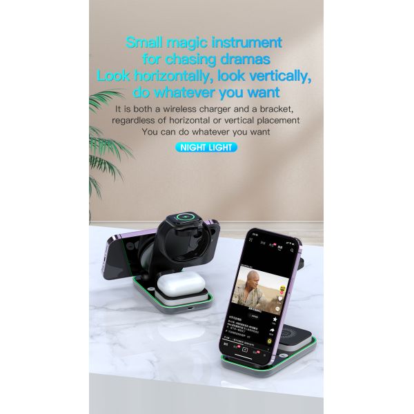 Multiple Devices Magnetic Wireless Charger Stand 3 In 1 Foldable Wireless Charger