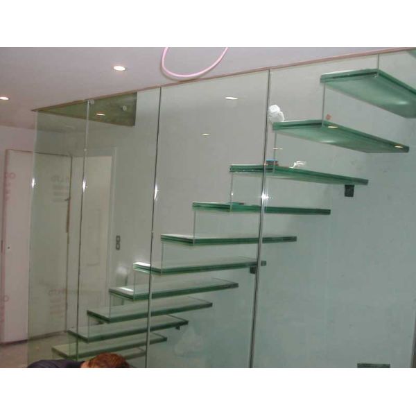 Glass Step Modern Straight Staircase With Stainless Steel Glass Railing