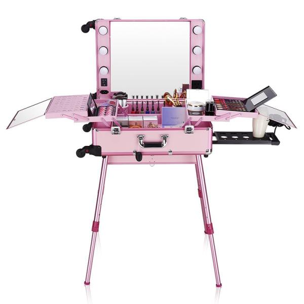 Quality Free Standing Rolling Studio Makeup Case With Adjustable Height Support Rod for sale