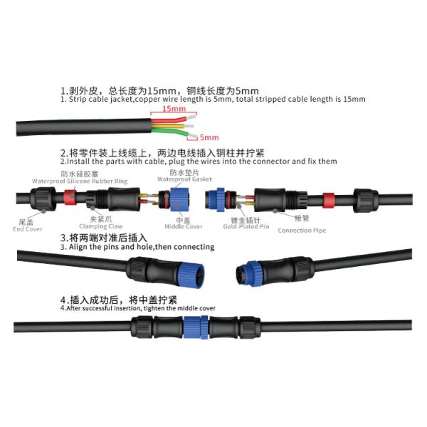 Lightweight 300V AC DC M15 Ip68 2 Pin Connector