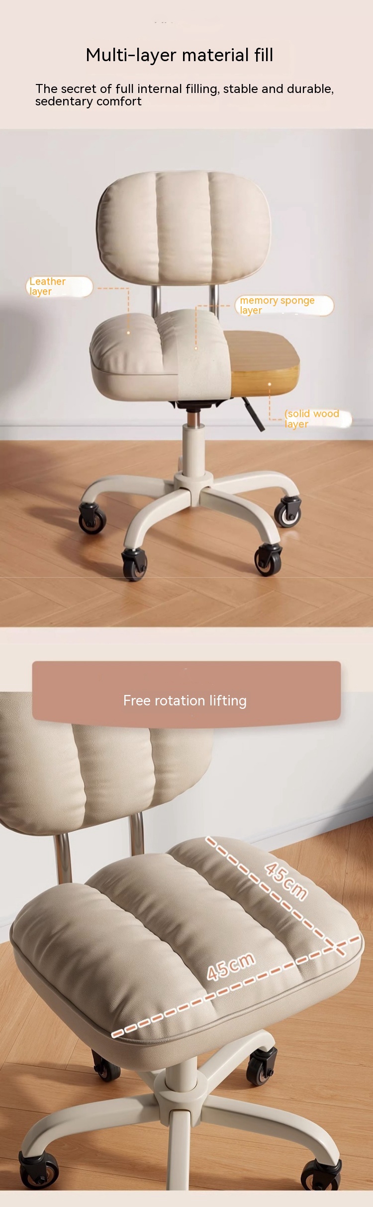 Adjustable Lifting Function Fabric Makeup Stool with Backrest and Revolving Design
