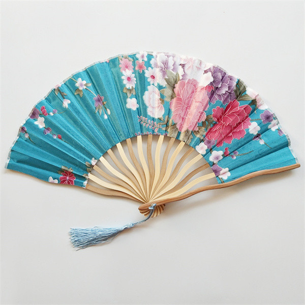 Assorted Flower Handheld Foldable Fan Curved Fabric Folding Fans With Tassel