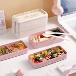 Wheat Straw Rectangle 3 Layer Multi Compartment Lunch Box With Fork And Spoon