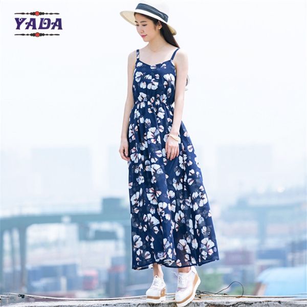 Summer beach floral spaghetti straps maxi latest party designs 100% cotton white dress with good quality
