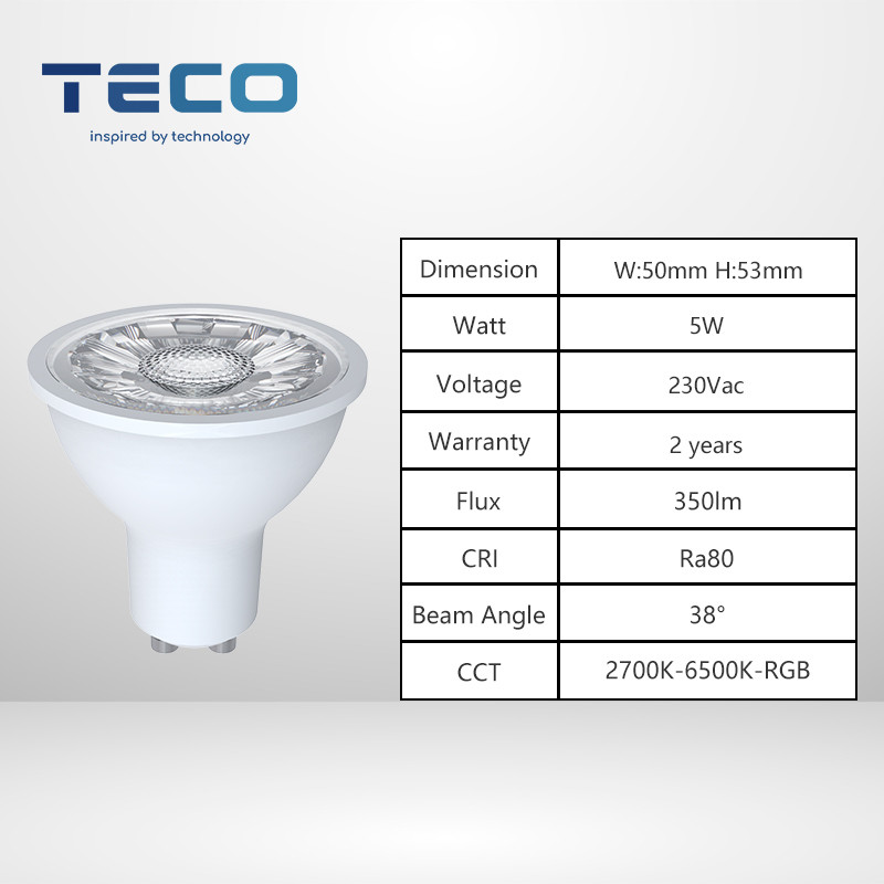 Teco Ra80 GU10 LED Smart Bulb 100 Degree 5W LED Spotlight 2700K- 6500K WIFI Tuya Smart Light