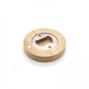 China Magnetic Bamboo Metal Bottle Opener - Round Wooden Fridge Magnet on sale