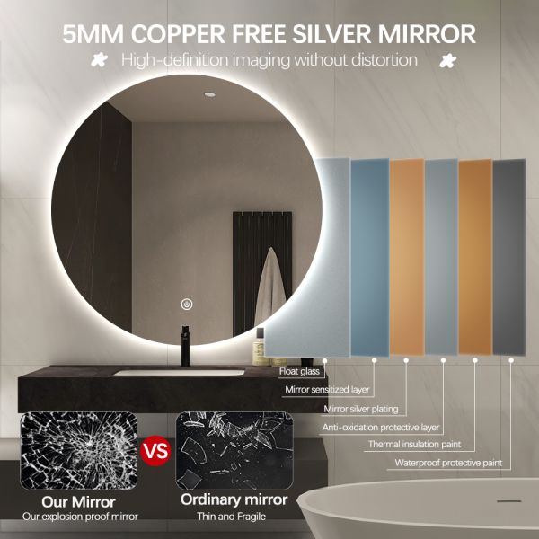 Luxury Backlit Circular LED Mirror Decorative Frameless Smart Vanity Mirror With Defogger 3 Color Dimming