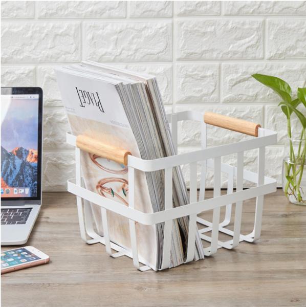 Quality White Long Rectangle Iron Storage Baskets With Wooden Handles for sale
