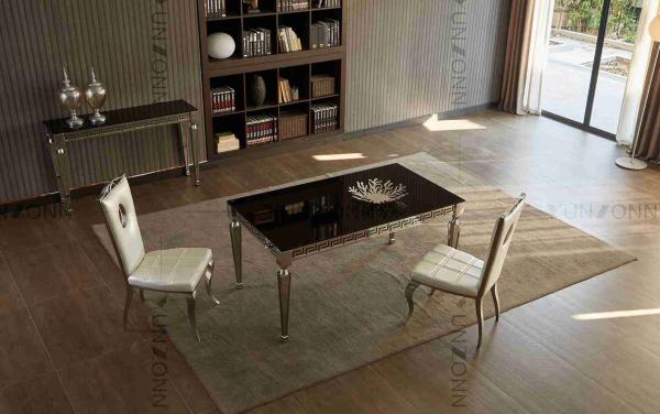 Quality Concise Black Glass Dining Table Carved Edge Angular Legs For Dining Room for sale
