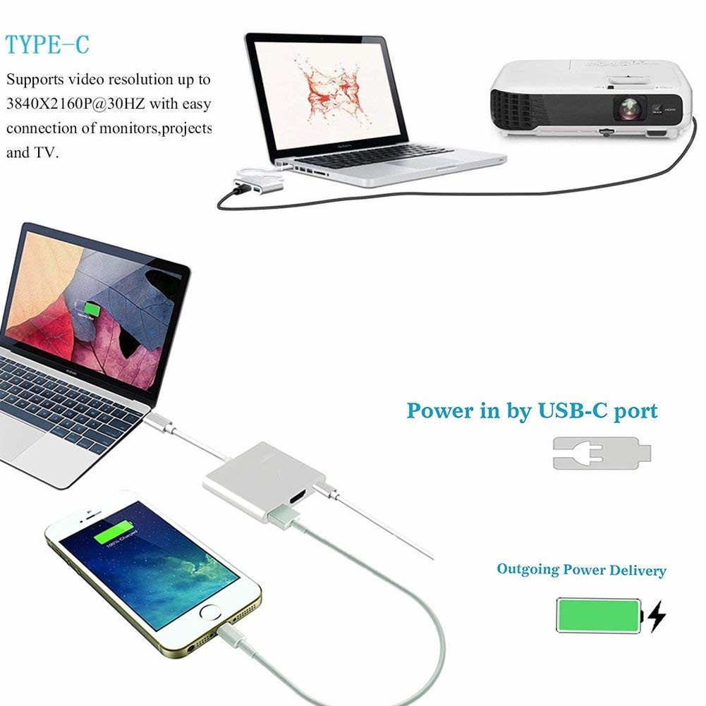 USB C to Adapter, USB 3.1 Type C to 4K Adapter with USB 3.0 and Charging Port for MacBook Chromebook Pixel