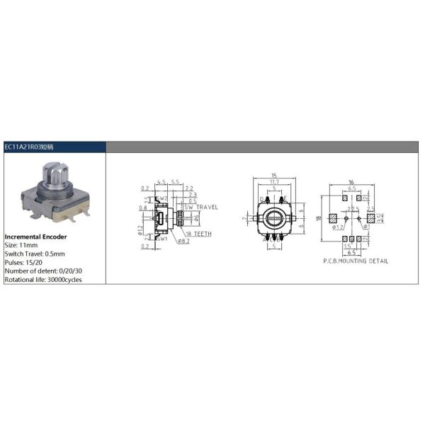 Bulk SMT Incremental Rotary Encoder – 11mm Metal Threaded Shaft, 5-Pin Design