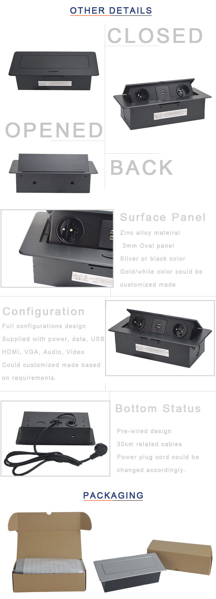 Multimedia recessed desk pop up power socket with usb charging 2.1A