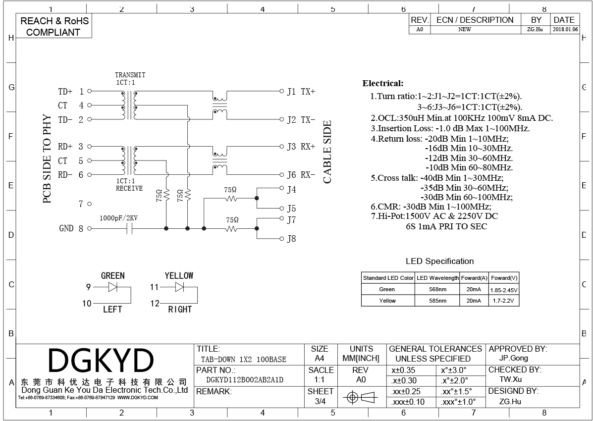 RJ45 Connector 1X2 Network Interface 8p8c Network Port Socket With Filter DGKYD112B002AB2A1D